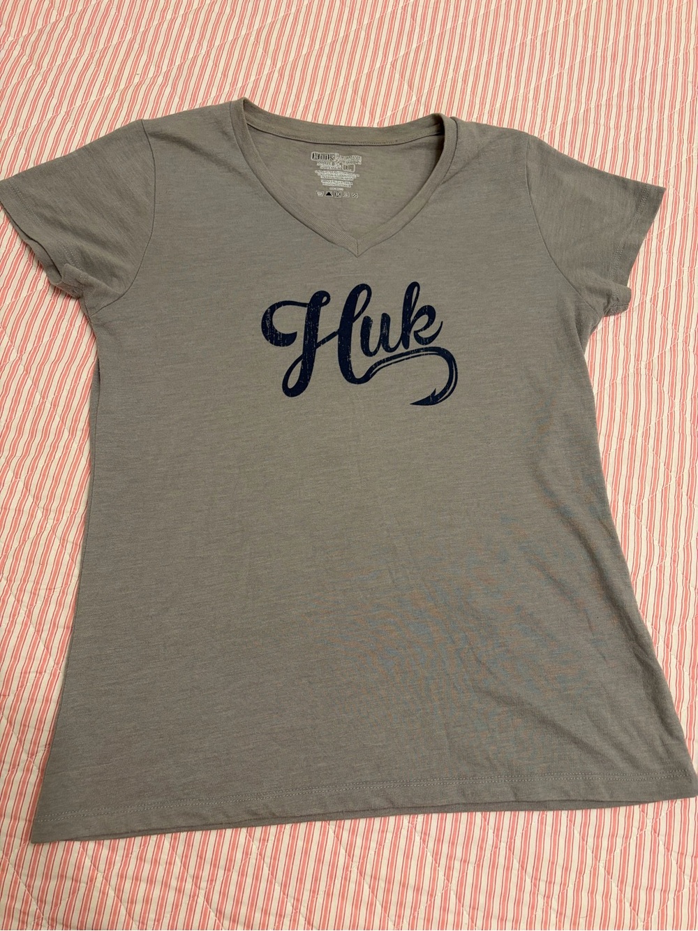 Huk Gray V-Neck Tee with Navy Script Logo